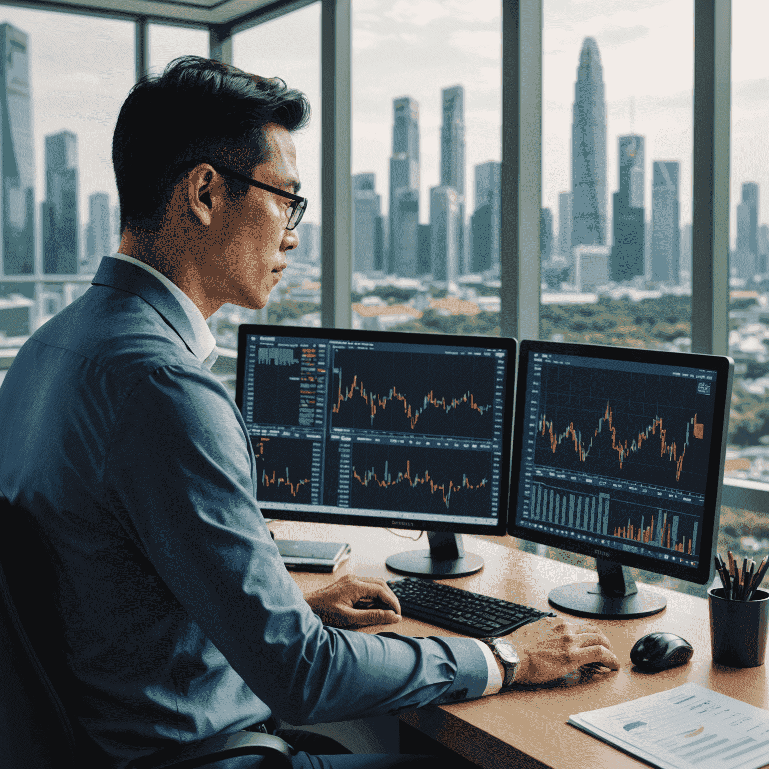 A professional Singaporean investor in their late 30s analyzing stock market charts on multiple screens in a modern office setting, with the Singapore skyline visible through the window