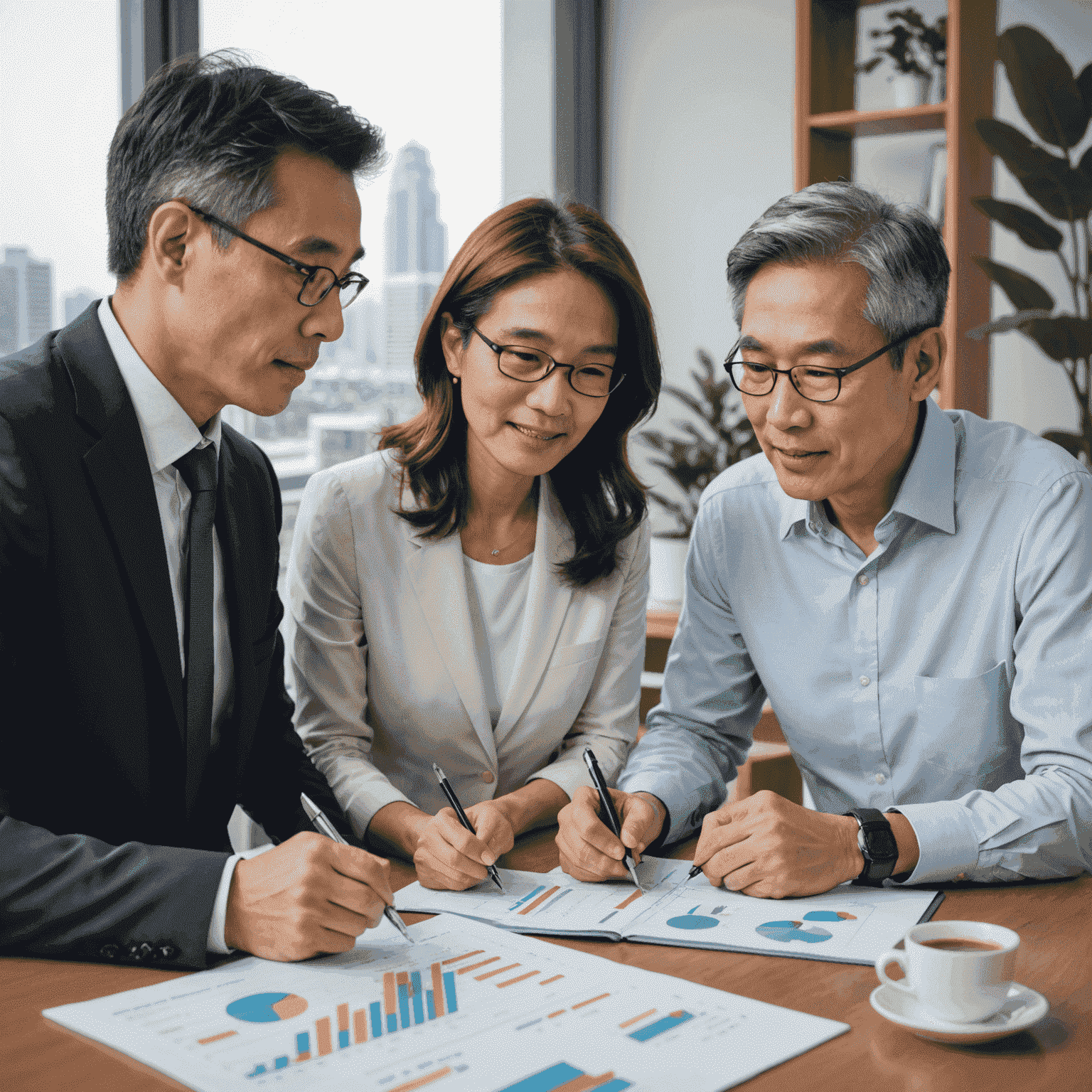 A professional financial advisor discussing investment strategies with a mature Singaporean couple, using charts and graphs to illustrate various investment options