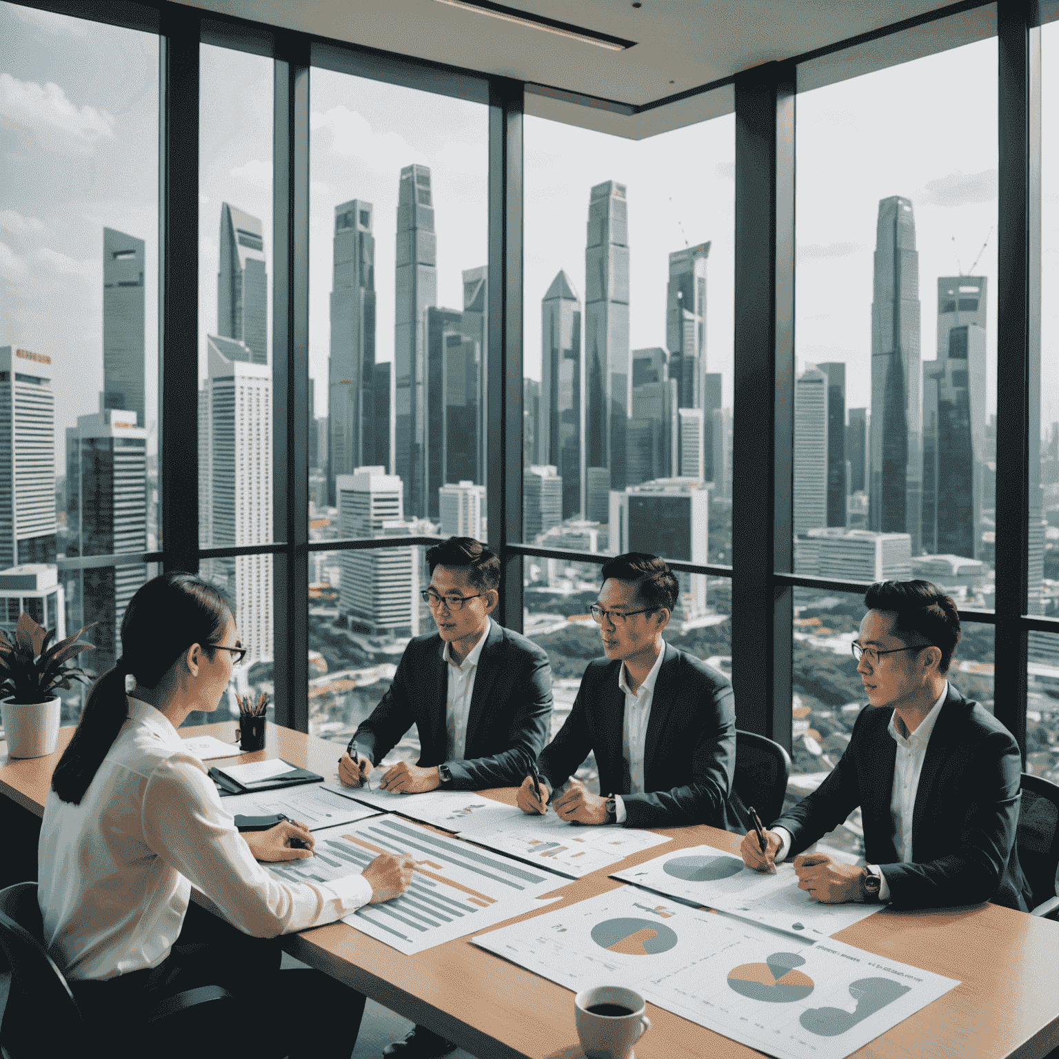 A group of diverse Singaporean professionals in their late 30s and early 40s discussing investment strategies in a modern office setting. The image showcases charts, graphs, and financial documents spread across a large table, with Singapore's iconic skyline visible through floor-to-ceiling windows in the background.