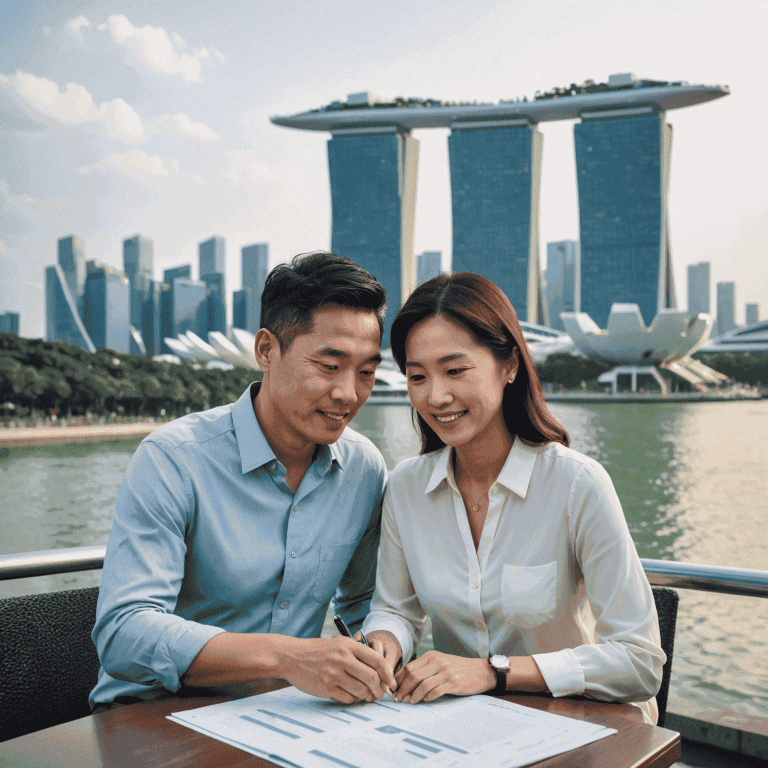 Illustration of a Singaporean couple in their late 30s reviewing retirement plans, with Marina Bay Sands in the background