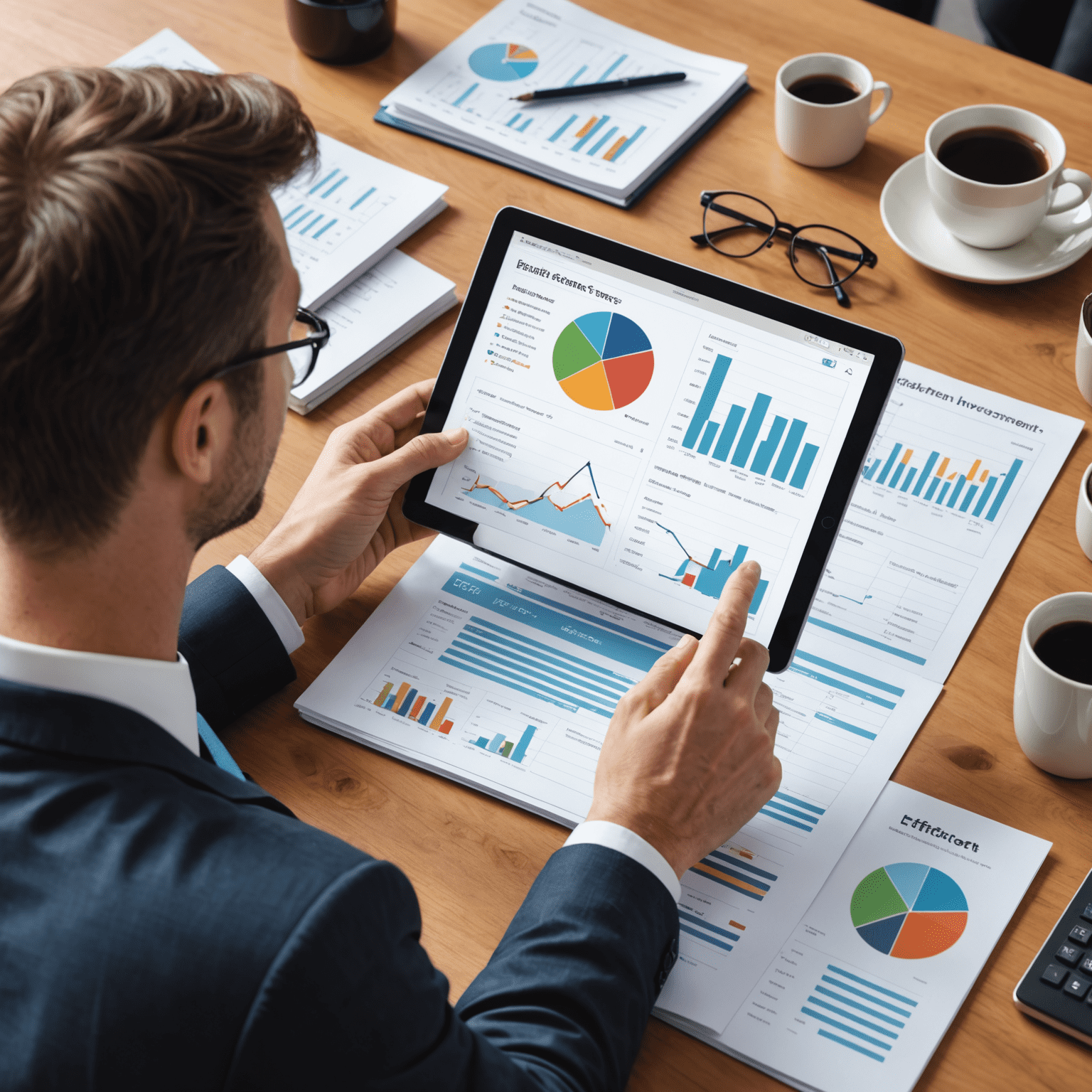 Illustration of a person reviewing tax-efficient investment options, with charts and graphs showing optimized returns