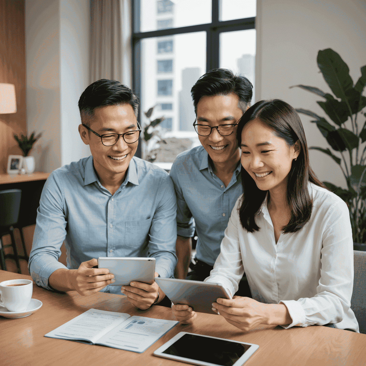 A smiling Singaporean couple in their late 30s reviewing retirement savings plans with a financial expert, surrounded by digital tablets showing pension calculators