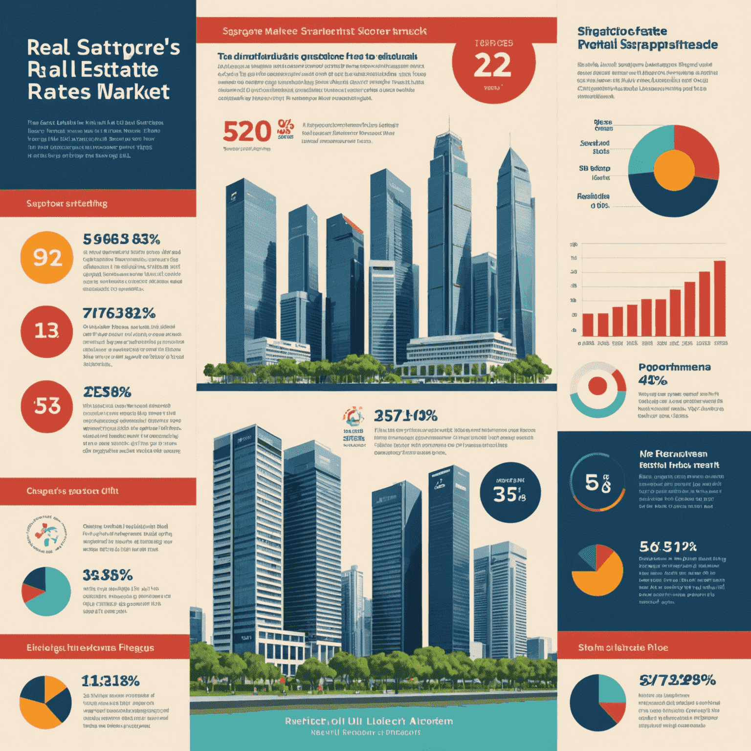 Infographic showing key statistics and trends in Singapore's real estate market, including property price indices, rental yields, and foreign investment figures