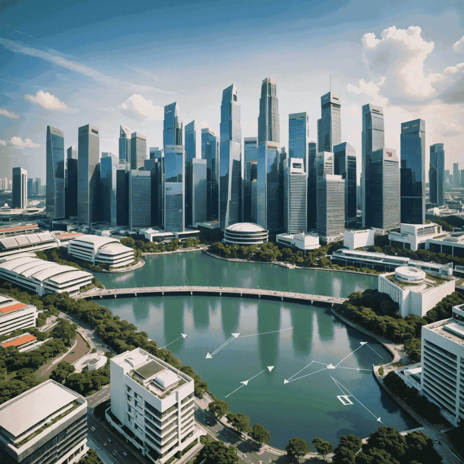 A modern Singapore skyline with iconic buildings, overlaid with property investment graphs and a diverse group of investors pointing at potential real estate opportunities