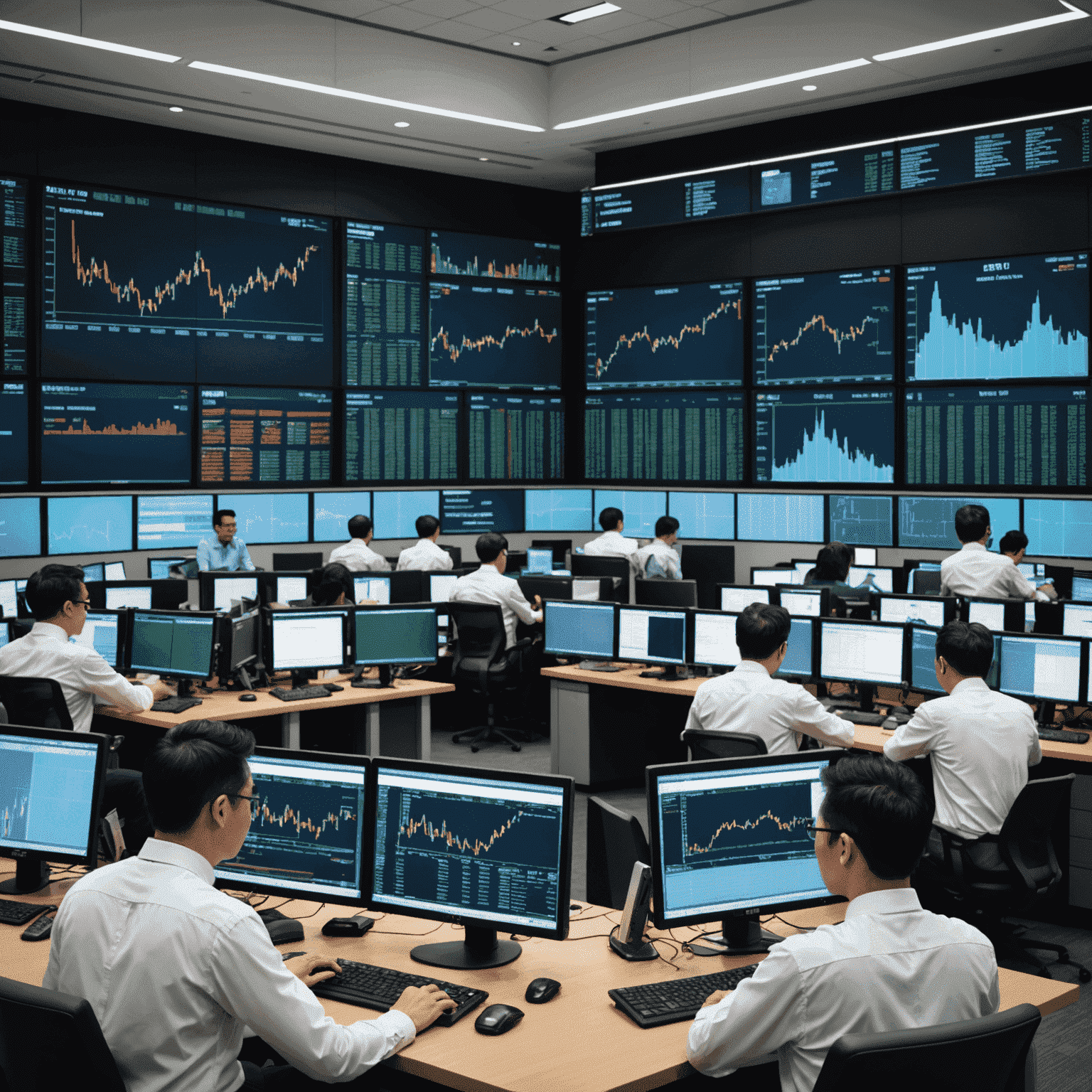 A sophisticated trading floor with multiple screens displaying Singapore stock market data, charts, and trends, with mature investors analyzing the information