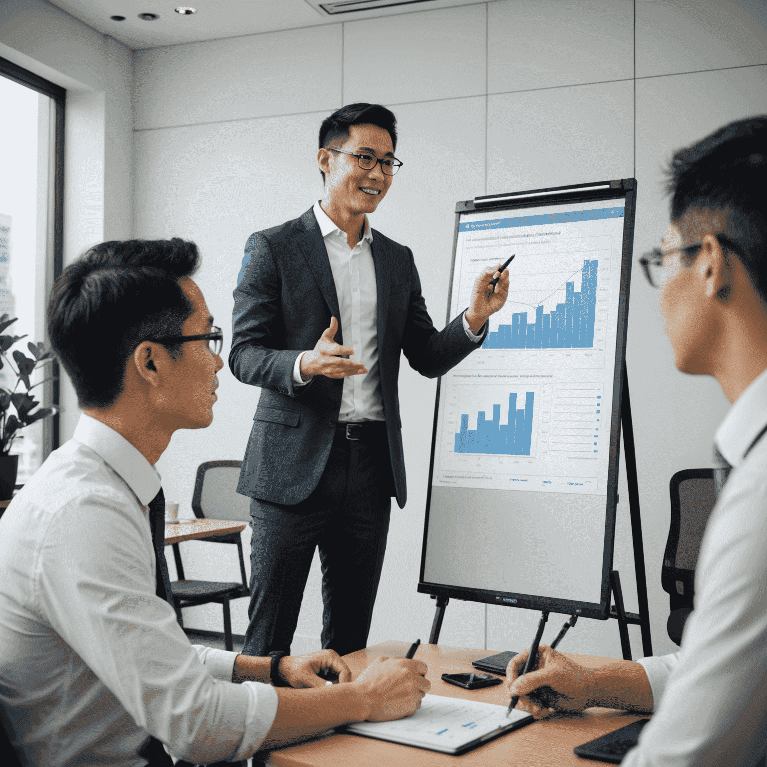 A Singaporean financial advisor explaining tax-efficient investment strategies to a group of attentive 35+ year old professionals, using a digital whiteboard with tax charts and investment options